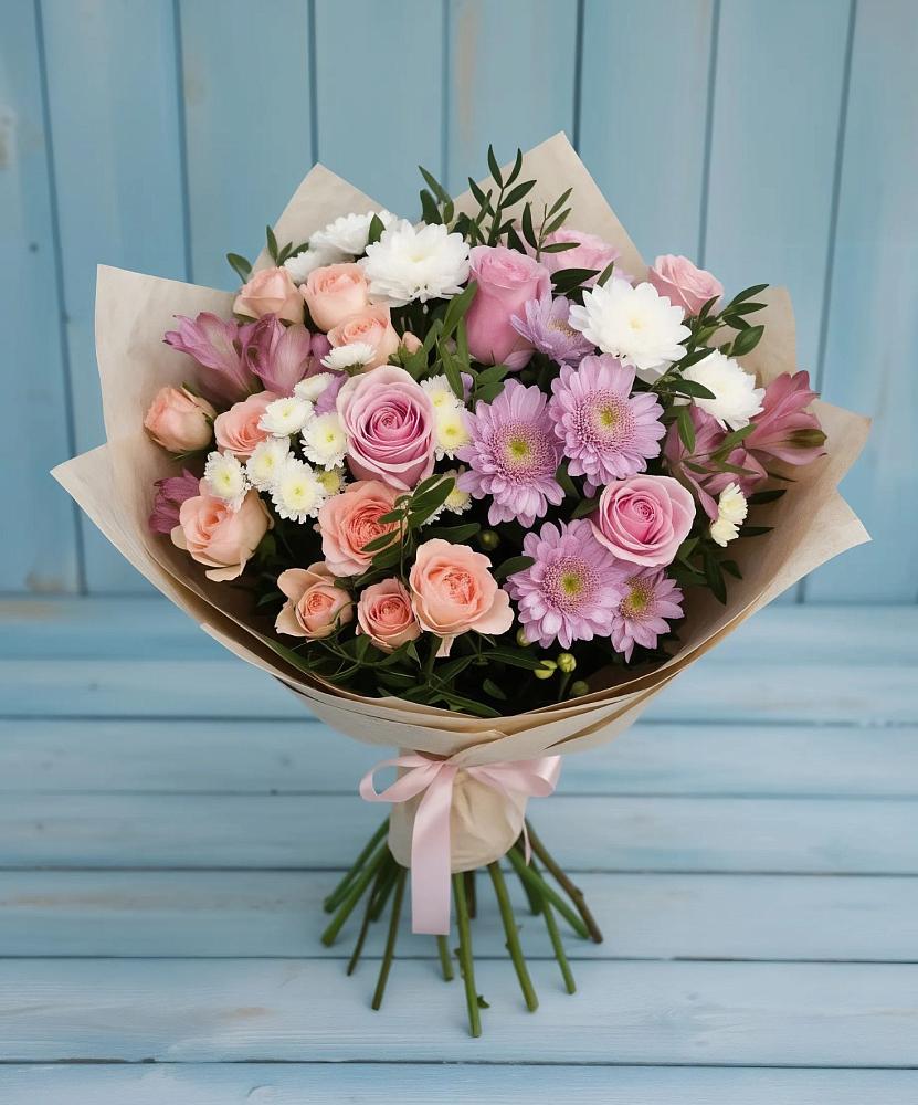 Букет цветов из: Хризантемы, Розы и Альстромерии в Старотитаровской