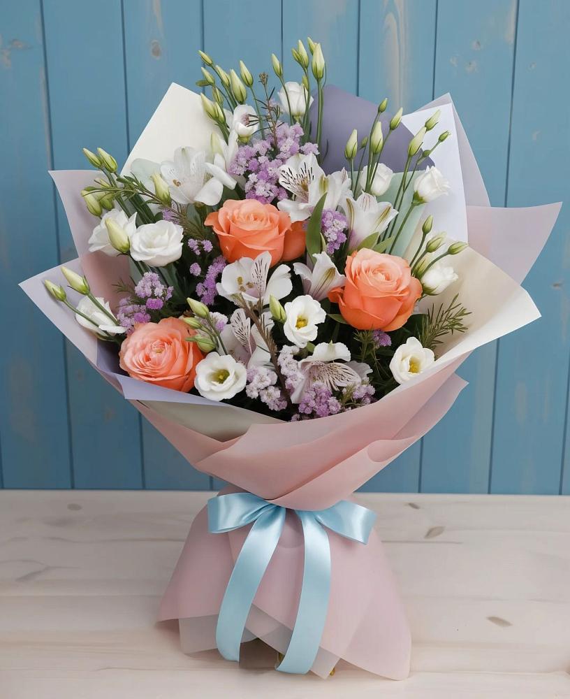 Букет цветов из: Лизиантусы, Розы, Альстромерии и Гипсофила в Старотитаровской
