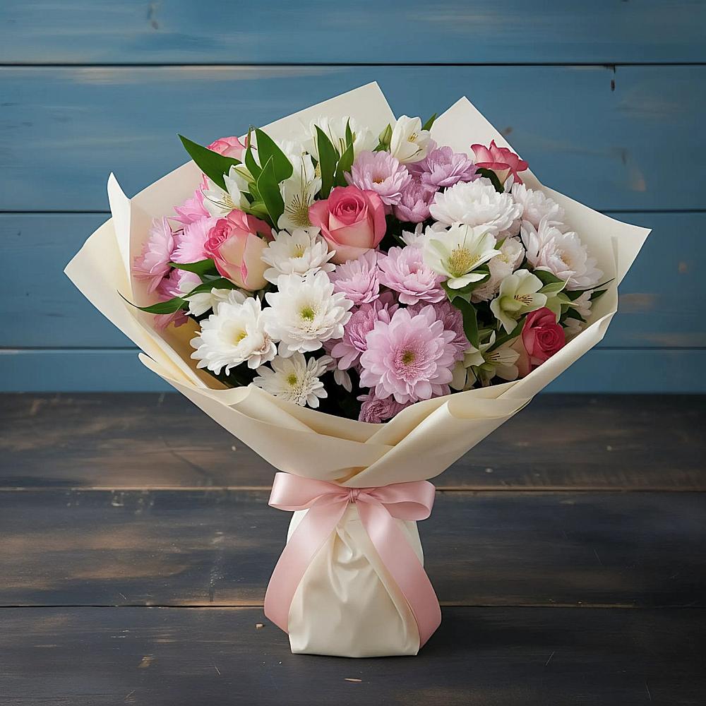 Букет цветов из: Хризантемы, Альстромерии и Розы в Старотитаровской